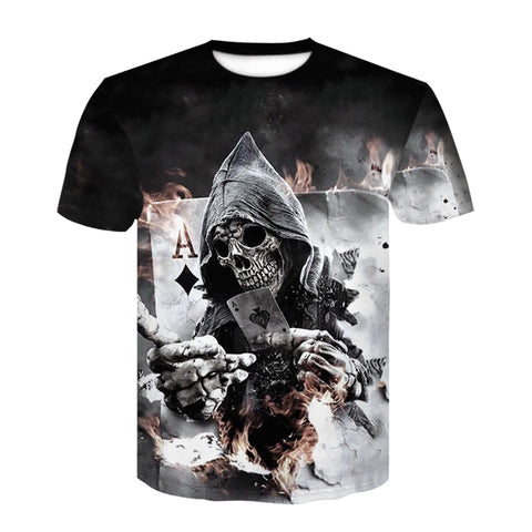 Skull Poker Print Men Short Sleeve T-shirt 3D